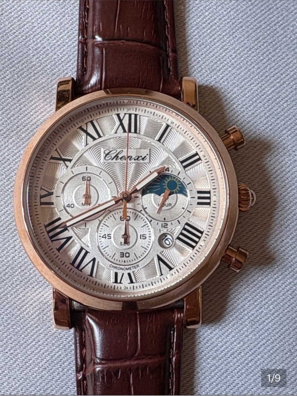 MEN CHRONOGRAPH WATCH ROSE GOLD CASE BROWN LEATHER STRAP WATCH